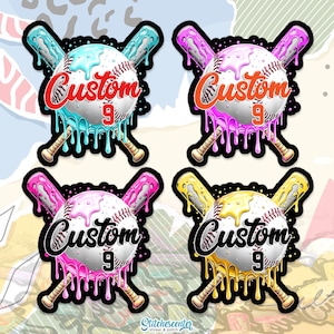 May include: Four baseball-themed stickers with a white baseball, crossed bats, and the word "Custom" above the number "9". Each sticker has a different color scheme: blue, orange, pink, and yellow with matching dripping accents. The stickers are outlined in black.