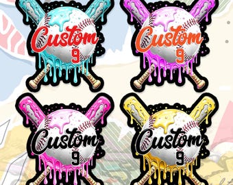 Custom Baseball Name And Number Sticker Dripping, Personalized Color Ice Cream Melting Decal Waterproof Vinyl Laptop Water Bottle Gift