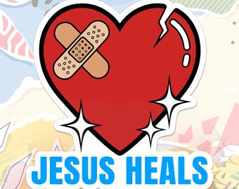Jesus Heals Band-Aid Heart Sticker Christian Religious Faith Healing Aesthetic Decal For Water Bottle, Laptop