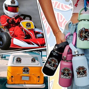 May include: The image showcases a variety of items with the text "Hoist?" and "Don't Thou Even". These include stickers on a go-kart and a vintage van, and water bottles in black, pink, and blue. The stickers feature a weightlifter.