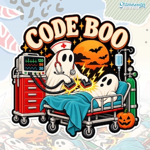 May include: A sticker featuring the text CODE BOO with a ghost nurse using defibrillators on another ghost in a hospital bed. The scene includes a red medical cart, a heart monitor, an IV drip, a green oxygen tank, and a jack-o'-lantern.