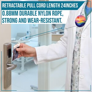 May include: A retractable pull cord with a 24-inch length, featuring a durable 0.88mm nylon rope. The image shows a person using the cord to open a door. The cord is strong and wear-resistant.
