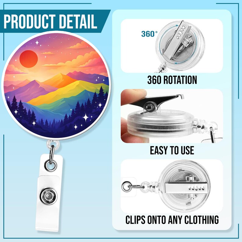 May include: A retractable badge holder with a round design featuring a colorful mountain landscape with a red sun. The holder has a white clip and a clear plastic reel. The text "360 ROTATION" and "CLIPS ONTO ANY CLOTHING" are visible.