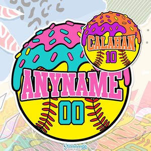 May include: A colorful sticker with a baseball theme. The design features a yellow baseball with red stitching, topped with a donut. The donut has pink, blue, and purple frosting with sprinkles. Text includes "ANYNAME" and "00".