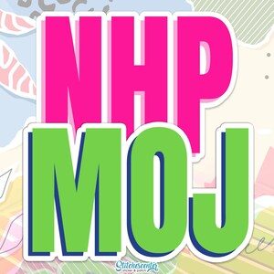 May include: A sticker with the letters NHP in bright pink and MOJ in green, outlined in white and blue. The background has a colorful, abstract design. The sticker is from Stitchescenter.