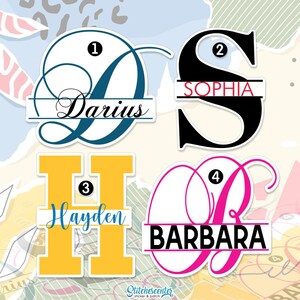 May include: A collection of personalized stickers featuring names within initial letters. Designs include a teal "D" with "Darius", a black "S" with "Sophia", a yellow "H" with "Hayden", and a pink "B" with "Barbara". The stickers are on a patterned background.