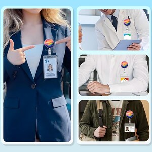 May include: A collection of badge reels with a colorful, abstract design. The reels are attached to ID badges and worn by people in various professional settings. The design features a circular image with a rainbow gradient and a starry background.
