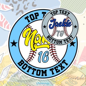 May include: A circular sticker with a baseball theme, featuring a light blue border and the text "TOP TEXT" and "BOTTOM TEXT". The design includes a baseball with a yellow name and the number 16. A smaller sticker shows a baseball with the name "Jackie" and the number 79.
