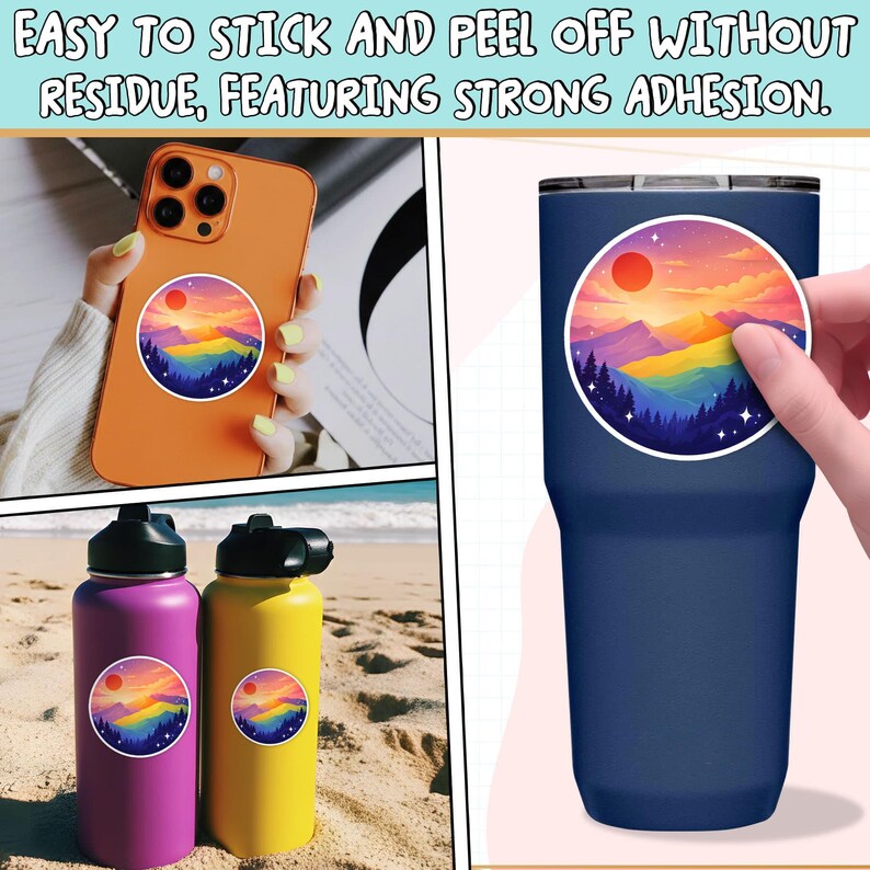 K&ouml;nnte beinhalten: Das Bild zeigt Aufkleber mit einem lebendigen Sonnenuntergangs- und Bergdesign. Die Aufkleber sind auf einem Telefon, einem Becher und Wasserflaschen angebracht. Der Text oben lautet: "EASY TO STICK AND PEEL OFF WITHOUT RESIDUE, FEATURING STRONG ADHESION."