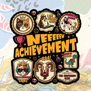 May include: A collection of colorful, cartoon-style stickers with various designs. The stickers feature cats, a ram, a dinosaur, and a man, along with text like "NEEEEEW ACHIEVEMENT" and "I AM YELLING, CARL!". The stickers are from Stitchescenter.
