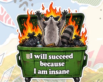 I Will Succeed Because I Am Insane Sticker Funny Racoon Dumpster Fire Mental Health Humor Decal For Water Bottle, Laptop