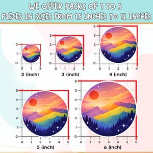 K&ouml;nnte beinhalten: Runde Aufkleber mit einem farbenfrohen Landschaftsdesign, das einen Sonnenuntergang, Berge und B&auml;ume zeigt. Erh&auml;ltlich in verschiedenen Gr&ouml;&szlig;en, von 5 cm bis 15 cm Durchmesser. Der Text oben lautet: "WE OFFER PACKS OF 1 TO 5 PIECES IN SIZES FROM 1.5 INCHES TO 12 INCHES."