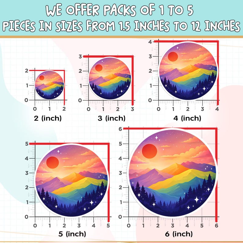 K&ouml;nnte beinhalten: Runde Aufkleber mit einem farbenfrohen Landschaftsdesign, das einen Sonnenuntergang, Berge und B&auml;ume zeigt. Erh&auml;ltlich in verschiedenen Gr&ouml;&szlig;en, von 5 cm bis 15 cm Durchmesser. Der Text oben lautet: "WE OFFER PACKS OF 1 TO 5 PIECES IN SIZES FROM 1.5 INCHES TO 12 INCHES."