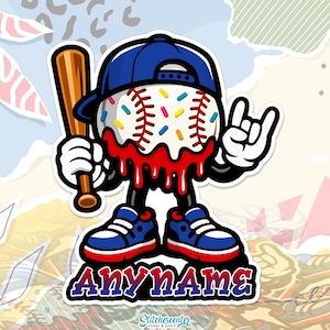 Peut inclure: Autocollant sur le thème du baseball. Le personnage de baseball porte une casquette bleue, tient une batte et fait un geste de la main rock-on. La balle a des coutures rouges et des paillettes, avec du rouge dégoulinant du bas. L'autocollant dit "AnyName".