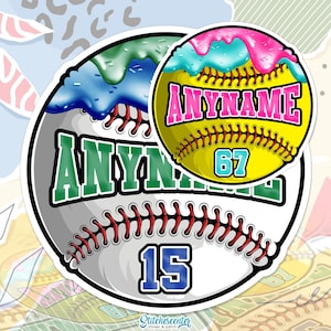 May include: A baseball-themed sticker with a white and grey baseball design, featuring red stitching and the number 15 in blue. The sticker includes the text "ANYNAME" in green and a yellow softball with the text "ANYNAME" in pink, and the number 67 in blue.