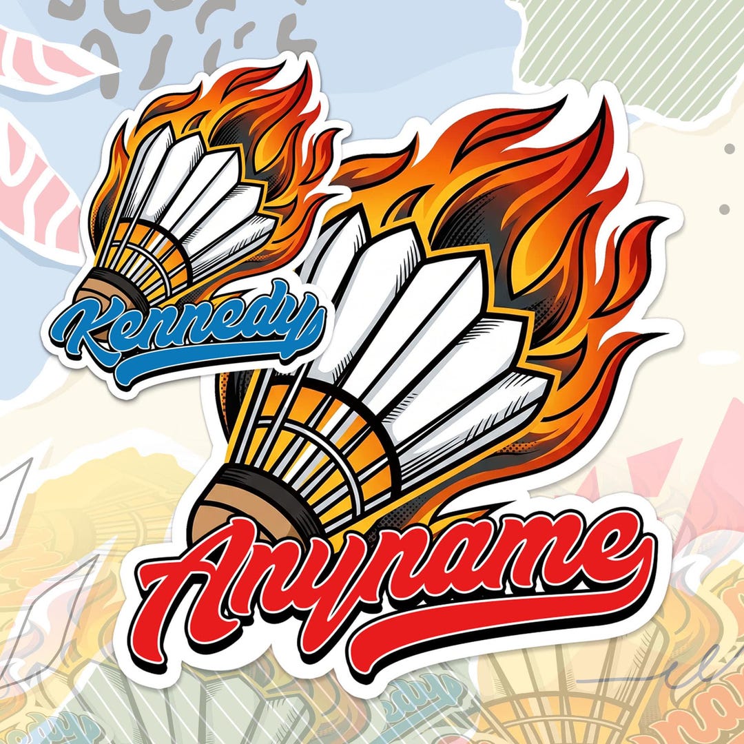 Two Badminton Racquests Sticker Custom Badminton Name Sticker Personalized Text Flaming Racquet Court ...