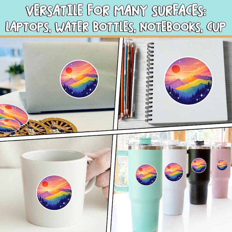 K&ouml;nnte beinhalten: Ein farbenfroher runder Aufkleber mit einem Sonnenuntergang &uuml;ber einer Bergkette, der auf einem Laptop, Notizbuch, Becher und Wasserflaschen angebracht ist. Der Aufkleber hat ein rotes Sonne, Regenbogenfarbene Berge und dunkelblaue B&auml;ume. Der Text oben lautet: VERSATILE FOR MANY SURFACES: LAPTOPS, WATER BOTTLES, NOTEBOOKS, CUP.