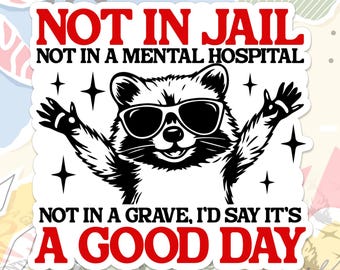 Not in Jail Not in a Mental Hospital Not in a Grave I'd Say It's A Good Day Sticker Raccoon Meme Decal Retro For Water Bottle, Laptop
