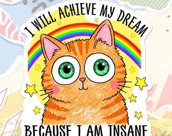 I Will Achieve My Dreams Because I Am Insane Sticker Funny Mental Health Quirky Hilarious Decal Retro For Water Bottle, Laptop