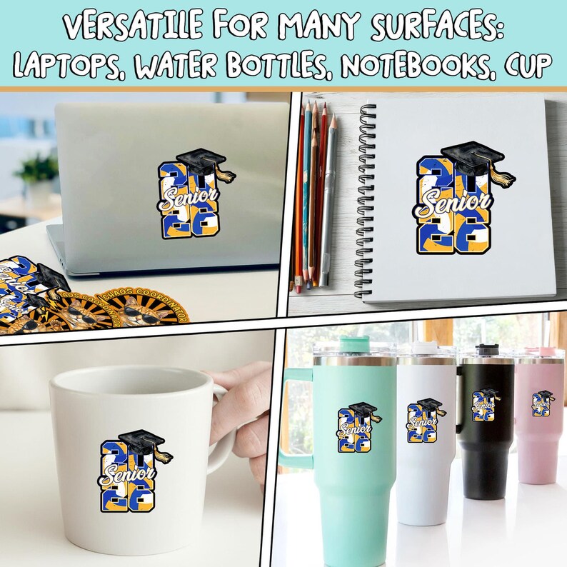 Puede incluir: Un collage de art&iacute;culos con una pegatina "Senior 2023". La pegatina est&aacute; en un port&aacute;til, un cuaderno, una taza y botellas de agua. La pegatina tiene un gorro de graduaci&oacute;n y el texto "Senior 23" en azul y amarillo.