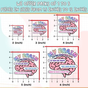 May include: Five die-cut stickers featuring a pink brain illustration with the text 'MY BRAIN HAS TOO MANY TABS OPEN', '4 OF THEM ARE FROZEN', 'AND I HAVE NO IDEA', and 'WHERE THE MUSIC IS COMING FROM'. Sizes range from 2 to 6 inches as shown by rulers.