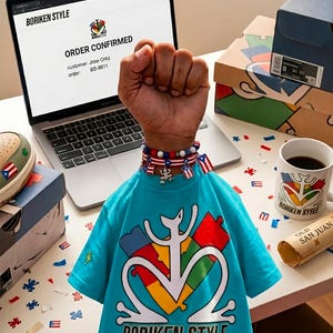 Puede incluir: Una camiseta turquesa con un gráfico colorido y el texto "BORIKEN STYLE" se muestra. Una pantalla de portátil muestra una confirmación de pedido. También son visibles una taza de café, un pergamino y un par de zapatillas. Una pulsera con dijes está alrededor del cuello de la camisa.