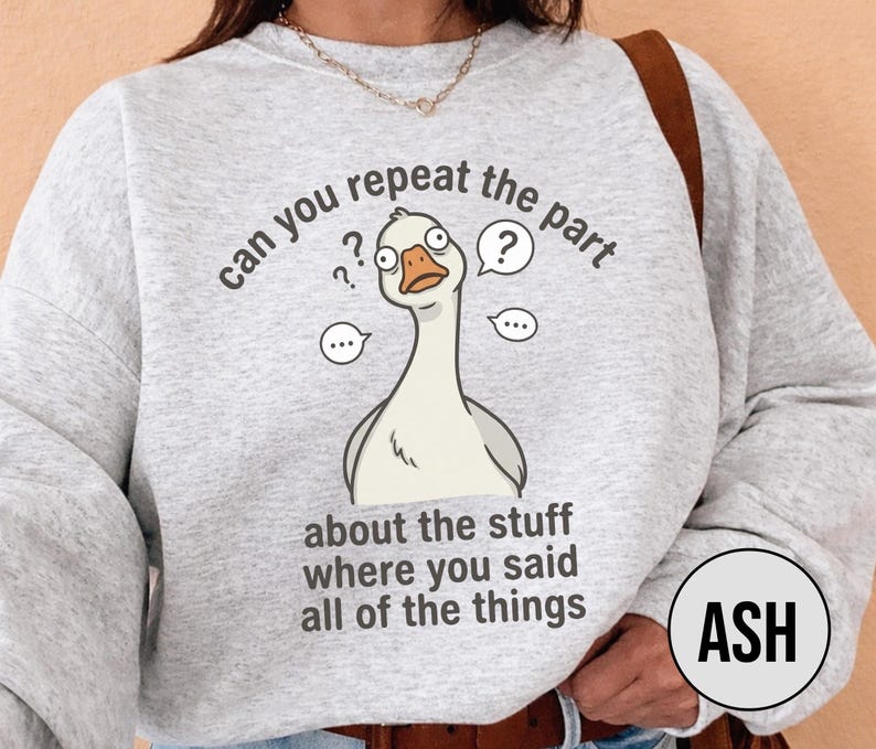 Puede incluir: Sudadera gris claro con un dise&ntilde;o de ganso de dibujos animados y el texto "can you repeat the part about the stuff where you said all of the things." La palabra "ASH" est&aacute; en un c&iacute;rculo negro.