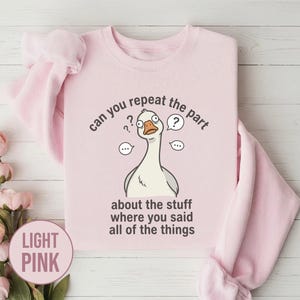 Puede incluir: Sudadera rosa claro con un gr&aacute;fico humor&iacute;stico de un ganso y el texto "can you repeat the part about the stuff where you said all of the things". La sudadera es de color rosa claro.