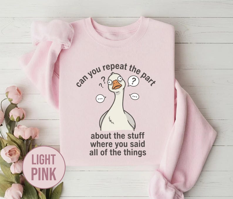 Puede incluir: Sudadera rosa claro con un gr&aacute;fico humor&iacute;stico de un ganso y el texto "can you repeat the part about the stuff where you said all of the things". La sudadera es de color rosa claro.