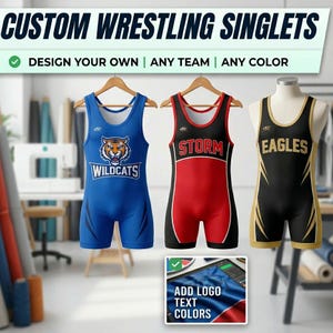 May include: Three sleeveless wrestling singlets displayed on hangers. The left is blue with a tiger graphic and 'WILDCATS' text. The center is red and black with 'STORM' text. The right is black and gold with 'EAGLES' text. Text reads 'CUSTOM WRESTLING SINGLETS' and 'ADD LOGO TEXT COLORS'.