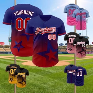 May include: A collection of short-sleeved baseball jerseys featuring various color gradients, star patterns, and customizable text fields including 'YOURNAME', 'Yourteams', and '00'. The designs showcase blue-to-red, blue-to-pink, and black-to-gold fades.