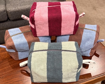 Cosmetic/Toiletry bags with towelling on the outside and waterproof lining.