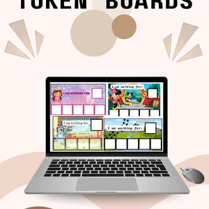 Puede incluir: Un ordenador portátil que muestra cuatro tableros de fichas coloridos con el texto "I am working for:" y varios personajes de dibujos animados. Las palabras "TOKEN BOARDS" están en la parte superior de la imagen. Un ratón de ordenador está al lado del portátil.