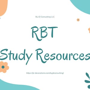 Puede incluir: Un fondo blanco con formas abstractas y acentos florales en color turquesa y melocotón. El texto "RBT Study Resources" está en escritura turquesa. La dirección del sitio web está en la parte inferior. Las palabras "By JD Consulting LLC" están en la parte superior.