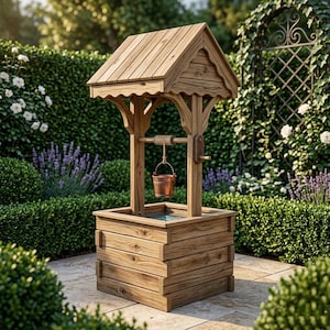 May include: A wooden wishing well with a sloped roof and a small copper bucket hanging from a rope. The well is made of light brown wood and sits on a stone patio, surrounded by greenery.