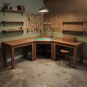 May include: A corner workbench made of dark wood with a green cutting mat, a wooden storage box, and a small stool. The workspace features wall-mounted shelves, a pegboard with various hand tools, a desk lamp, and an overhead pendant light.