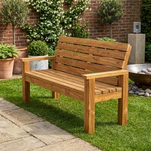 May include: A wooden bench featuring a slatted backrest and a slatted seat, constructed with four sturdy legs and two armrests. The bench is crafted from natural brown wood with a visible grain pattern, showcasing a simple, functional design.