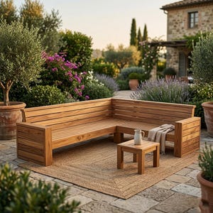 Può includere: Un divano angolare e un tavolino in legno chiaro. L'arredamento è posto su un tappeto di iuta intrecciata. Un piccolo brocca bianca e una coperta piegata sono sul tavolino. Lo sfondo presenta un giardino lussureggiante.