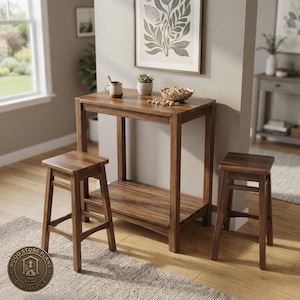 May include: A rectangular wooden console table with a lower shelf and two matching square wooden stools. The set features a medium-brown wood grain finish. A circular badge in the corner displays the text WOOD STORE PLANS DIGITAL FILE.