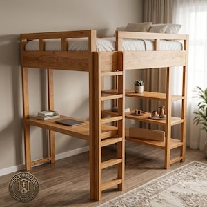 Könnte beinhalten: Ein hellbraunes Hochbett aus Holz mit einer oberen Liegefläche mit weißer Matratze, einer integrierten Leiter, einer Schreibtischfläche darunter und seitlichen Regaleinheiten. Ein kreisförmiges Logo mit dem Text Wood Store Plans ist sichtbar.