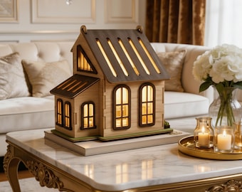 Lanterna da casa 3D SVG, portacandele in legno, decorazione da villaggio tagliata al laser