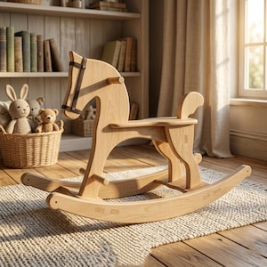 May include: A wooden rocking horse with a natural finish. The horse features a detailed head with a leather bridle and a curved seat. The toy is designed for children and sits on curved rockers.