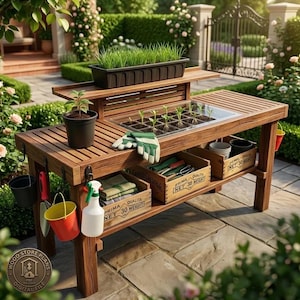 DIY Garden Potting Bench Plans, Woodworking Workbench, Outdoor Storage Table (PDF Download)