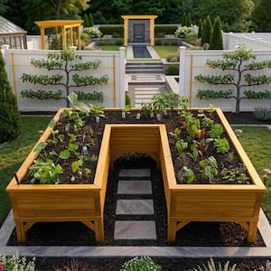 Puede incluir: Una jardinera elevada de madera en forma de U llena de tierra oscura y varias plantas jóvenes. La cama está rodeada por un césped cuidado y una valla blanca con árboles en espaldera. Un camino conduce a un estanque en el fondo.