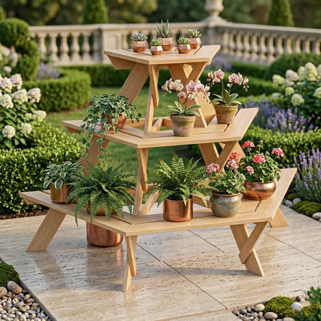 3 Tier Wooden Plant Stand Plans, DIY Tiered Shelf, Indoor Outdoor ...