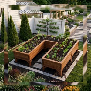 Può includere: Un'aiuola rialzata a forma di U realizzata con assi di legno marrone, dotata di quattro gambe robuste e riempita di terra scura contenente varie piantine di verdure verdi, posizionata su un prato curato con una recinzione bianca.