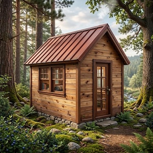 May include: A small, wooden cabin with a brown metal roof sits nestled in a forest. The cabin has two windows, a door, and is surrounded by lush greenery, including ferns and moss. The cabin's exterior is made of horizontal wooden planks.