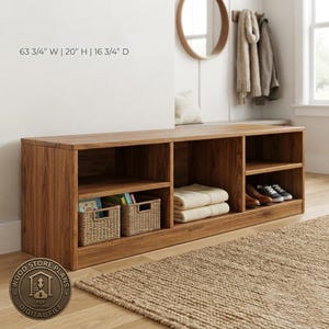 May include: A rectangular wooden storage bench with open shelving, featuring two woven baskets, folded textiles, and a pair of shoes. The unit measures 63 3/4 inches wide, 20 inches high, and 16 3/4 inches deep, with a digital file icon present.