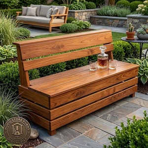 May include: A wooden bench with a slatted backrest and seat, featuring a horizontal plank design. On the seat, there is a clear glass decanter filled with amber liquid and two matching glass tumblers. A circular logo with text is visible.