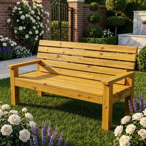 May include: A wooden outdoor bench with a natural finish. The bench has a slatted back and seat, with armrests. It is set on a green lawn, surrounded by white roses and purple flowers.